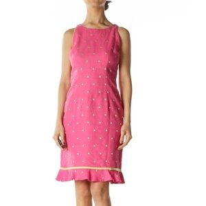 Althuser Pink/Green 100% Linen Embroidered-Polka Dots Dress